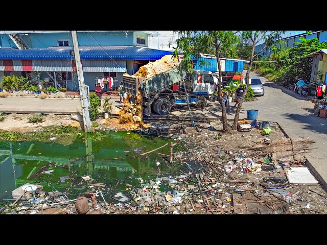 Amazing Start New Project!! Dump Truck Unloading soil Delete Garbage With Komat'su Dozer
