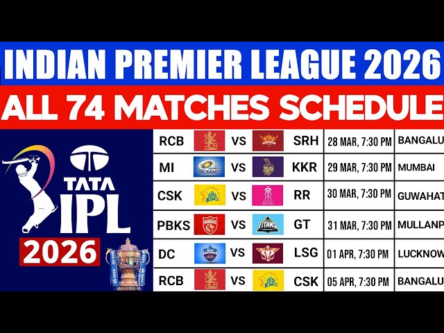 IPL 2026 Schedule | IPL Schedule 2026 | IPL Match 2026 | IPL Time Table 2026 | IPL 2026 Fixture