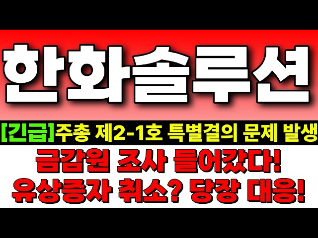 [한화솔루션 주가전망] 유상증자 취소? 주총 제2-1호 특별결의 법적 문제? 금감원 조사 착수! 당장 이렇게 대응하세요! 한화솔루션 주식분석! 한화솔루션 목표가!