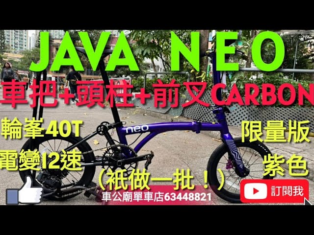 java neo 349 紫色Javaneo 2026最新款JAVA NEO 電變12速直把+頭柱+前叉都是CARBON。紫色碟剎349折叠車(三折叠小布國布) bike bicycle開箱，摺車！