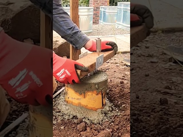 Deck support post concrete footings with post brackets. #construction #diy #concrete