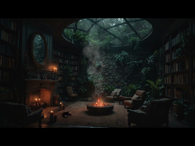 Rainy Dystopian Library Ambience | Relaxing Music, Rain Sounds & Crackling Fire for Calm Focus