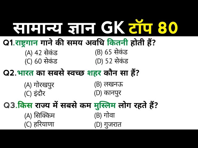 सामान्य ज्ञान | General Knowledge | Top 80 GK/GS questions | SSC GD, MTS, RPF, CRPF | GK quiz