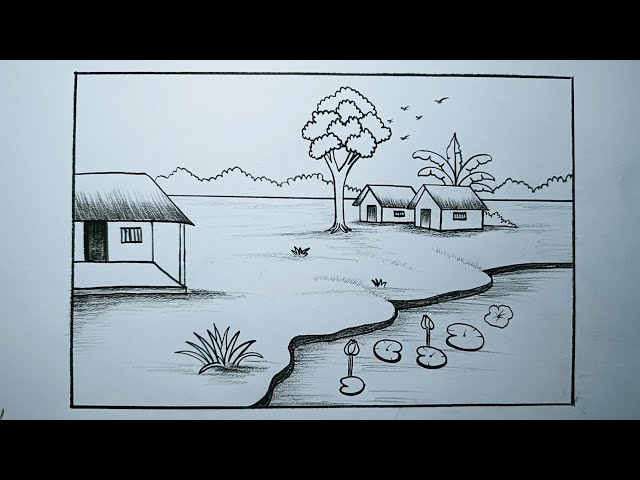 How to draw a beautiful village scenery | Riverside village nature art easy |