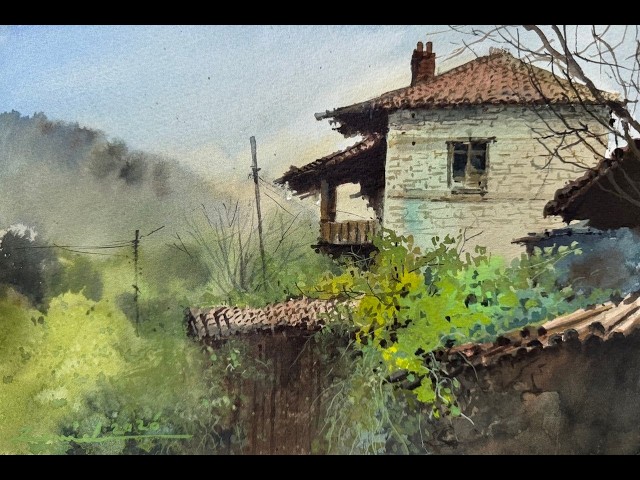 How to paint a rustic countryside house with lush greenery | Watercolor masterclass