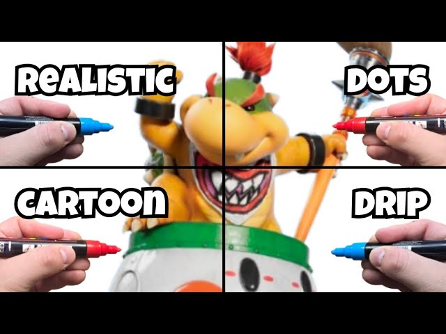 Drawing BOWSER JR in Different Styles | Cartoon, Realistic, Dots & Drip