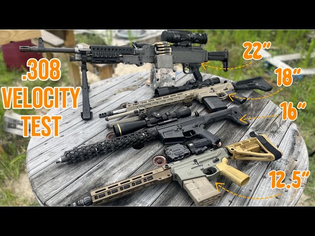 AR-10 .308 barrel length comparison 22'', 18'', 16'', and 12.5'' barrels.