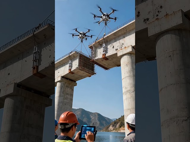 🎯🚁 Drones Lifting Massive Bridge Beams! Unbelievable Construction Technology 😱 #DronePower#foryou