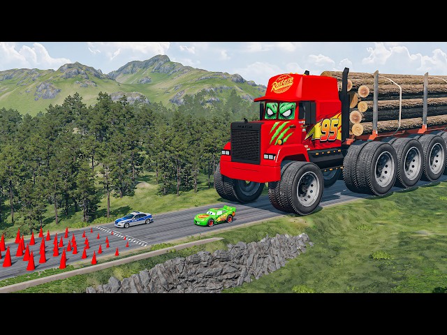 Riesiger Muldenkipper gegen Lightning McQueen, Polizeiauto und riesige Spikes – BeamNG.Drive