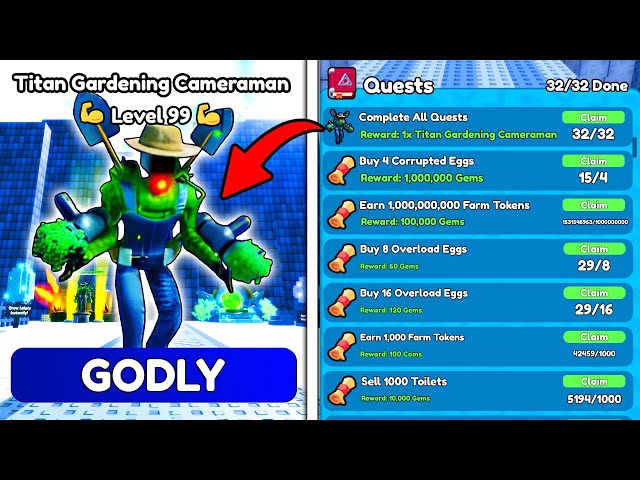 How To Complete ALL QUESTS in Grow A Toilet 🔥 I GET TITAN GARDENING CAMERAMAN - Toilet Tower Defense