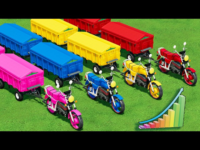 Work with Colors! BIG Honda MOTORS and ROAD TRAINS & Grass TRANSPOPRT on Spiral Sridge Stunt Ride!