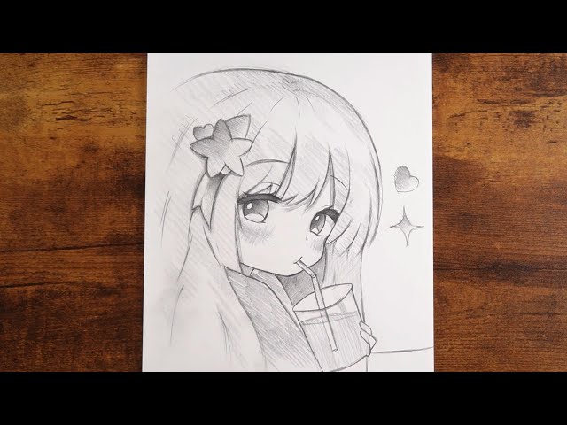 How to Draw a CUTE Anime Girl Drinking - Easy Pencil Sketch Tutorial