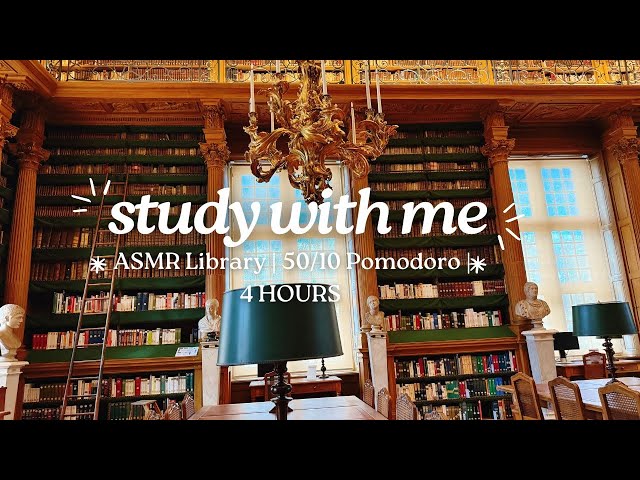 4 HOURS study with me in a public library| ASMR Library background noise| 50/10 pomodoro, real time