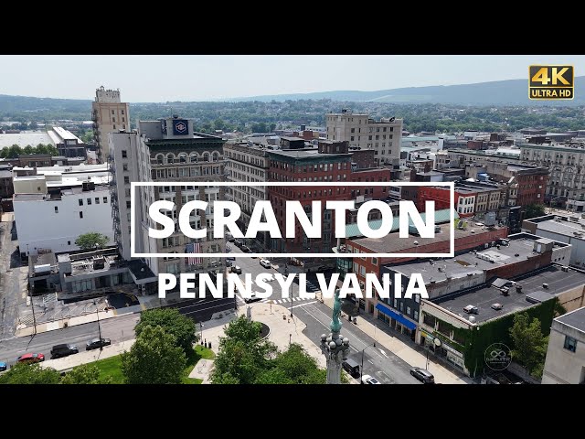 Aerial Passes Over Downtown Scranton, Pennsylvania