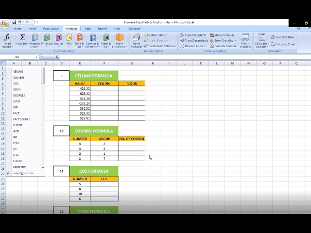 Class # 119 MS Excel 2007 Formulat Tab_Math & Triq_Ceiling_Combin_Cos_Cosh_Degrees_Even_Exp_Fact