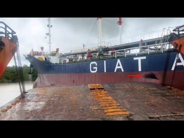 An Oil Tanker Collides with a Landing Craft - The Hull was Torn
