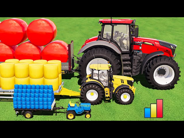 GIANT TRACTOR OF COLORS ! MINI & BIG HAY BALE TRANSPORT with COLORED TRACTORS ! HAY BALING & LOAD!