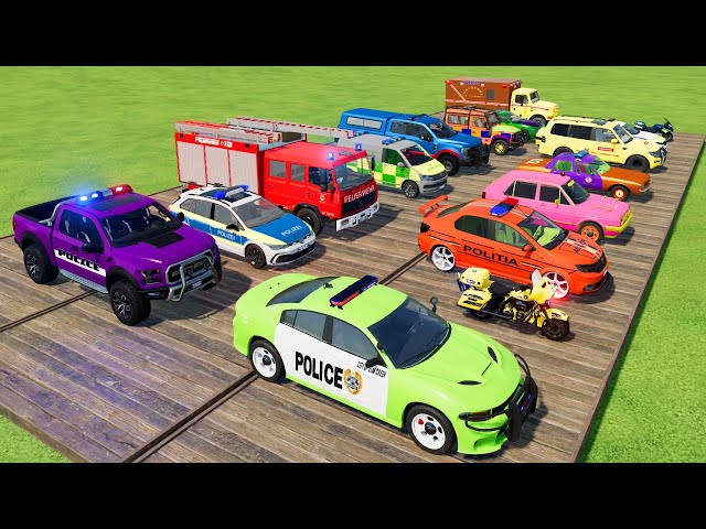 TRANSPORTING CARS, POLICE CARS, AMBULANCE, FIRE TRUCK OF COLORS! WITH TRUCKS! - FARMING SIMULATOR 22